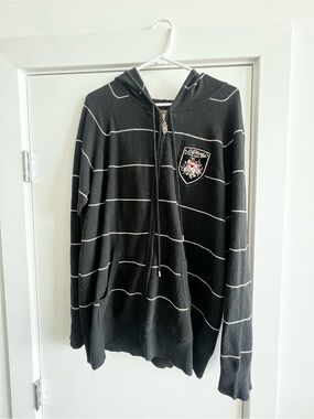 Ed Hardy Black Hooded Zip Jacket with White Stripe Accents